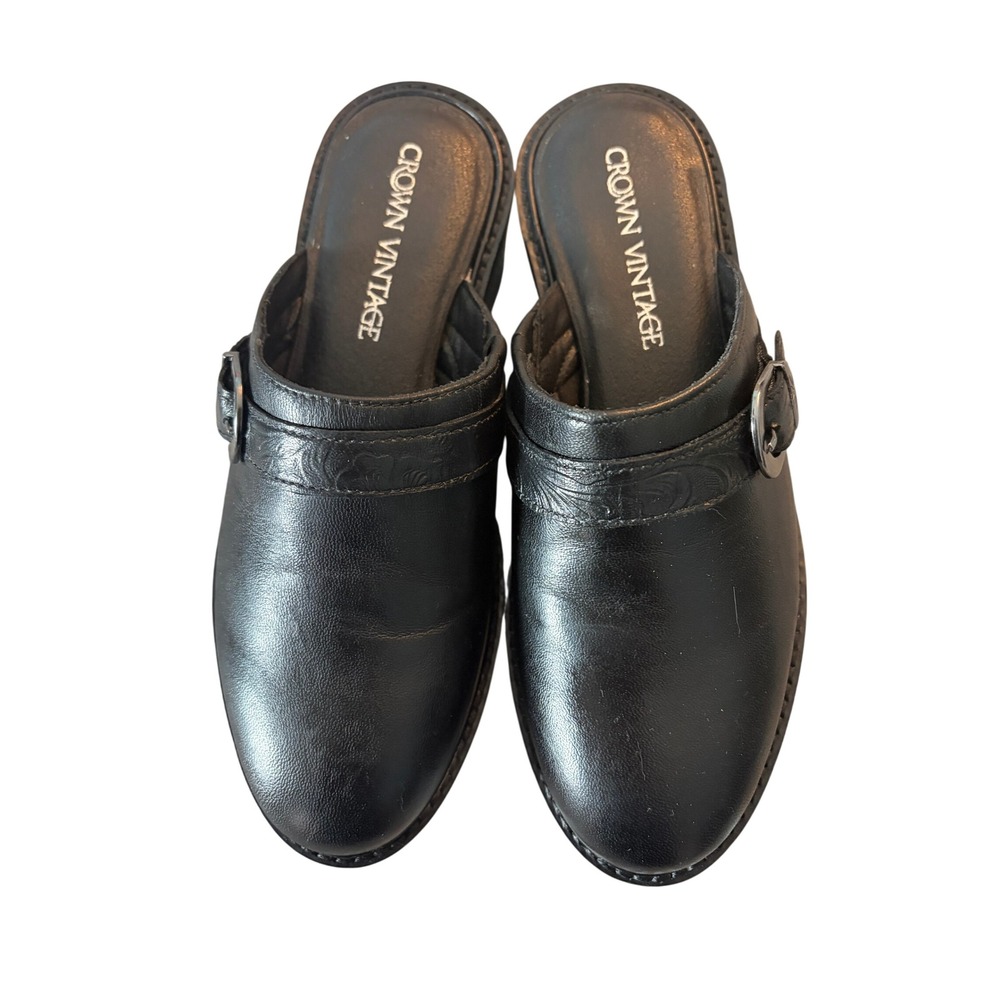Crown Vintage Janis Black Leather Buckle Clog Mules Women 6.5 Slip On Y2K Boho